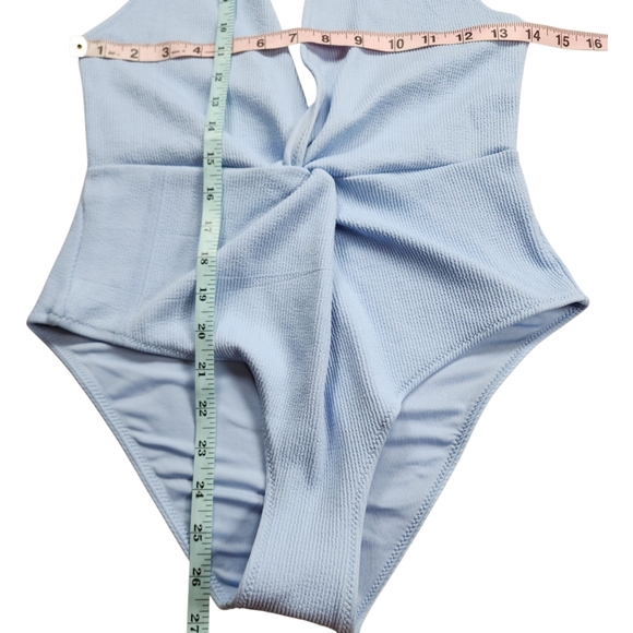 GANNI Ribbed Twist Front Halter One-Piece Swimsuit Light Blue Size 36 - Picture 9 of 15